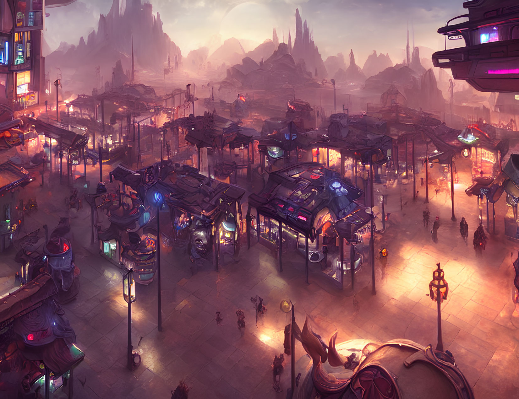 Vibrant sci-fi cityscape with neon signs and futuristic stalls