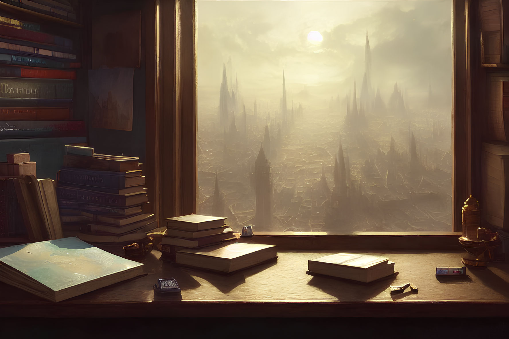 Books stacked on windowsill overlooking fantastical city at sunset