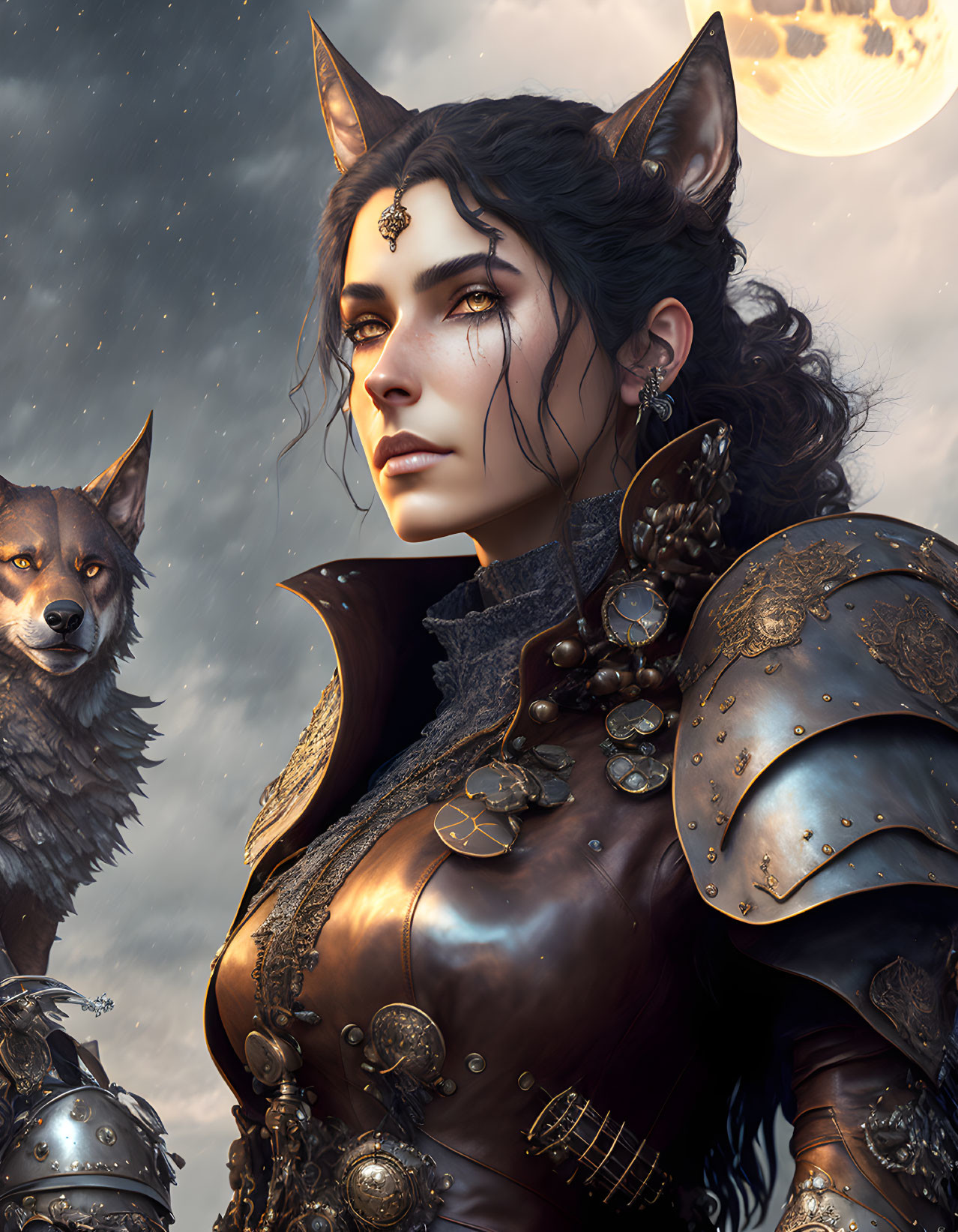 Fantasy female warrior with cat-like features and dog under moonlit sky