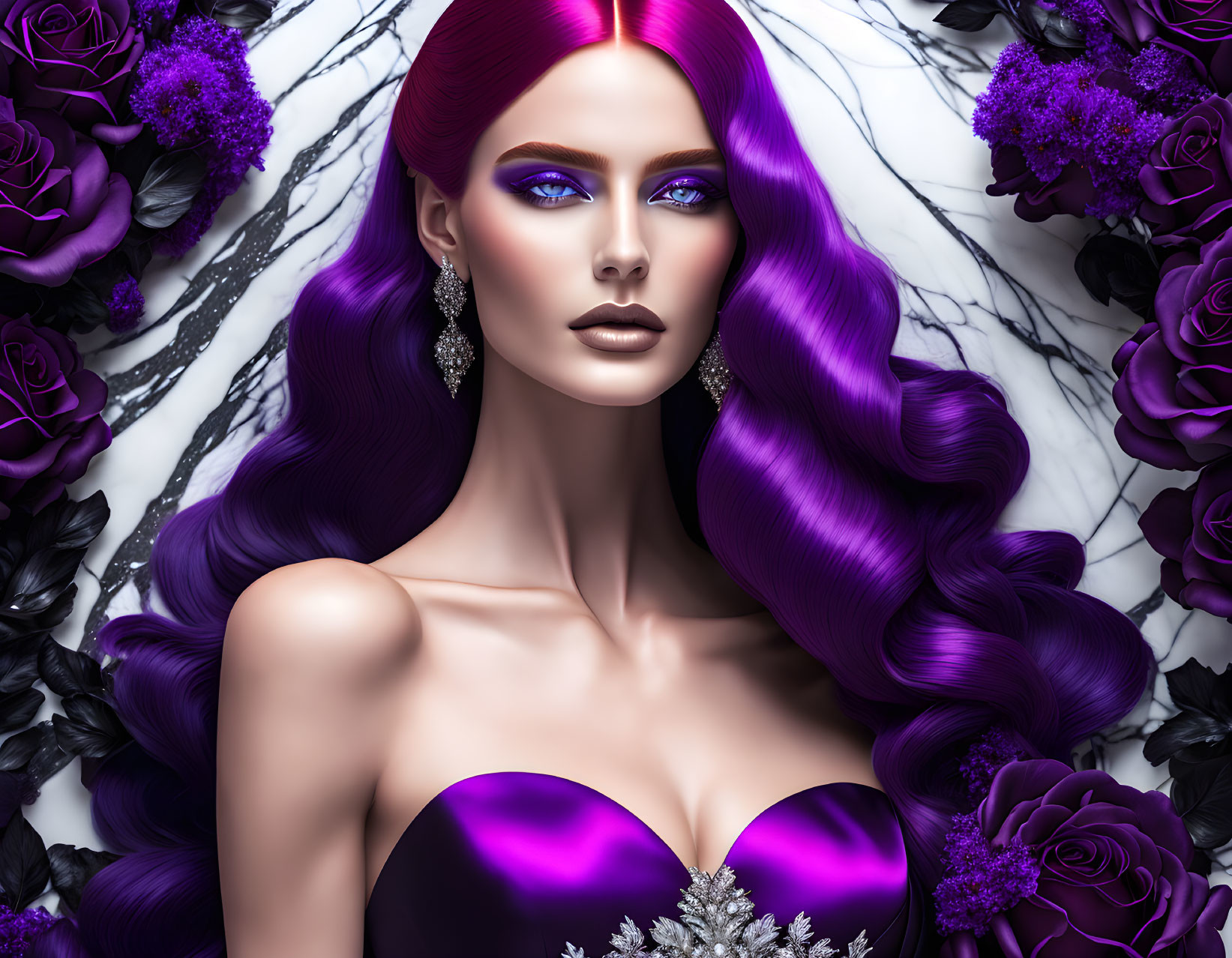 Vibrant Purple Hair & Makeup Portrait with Roses on Marble