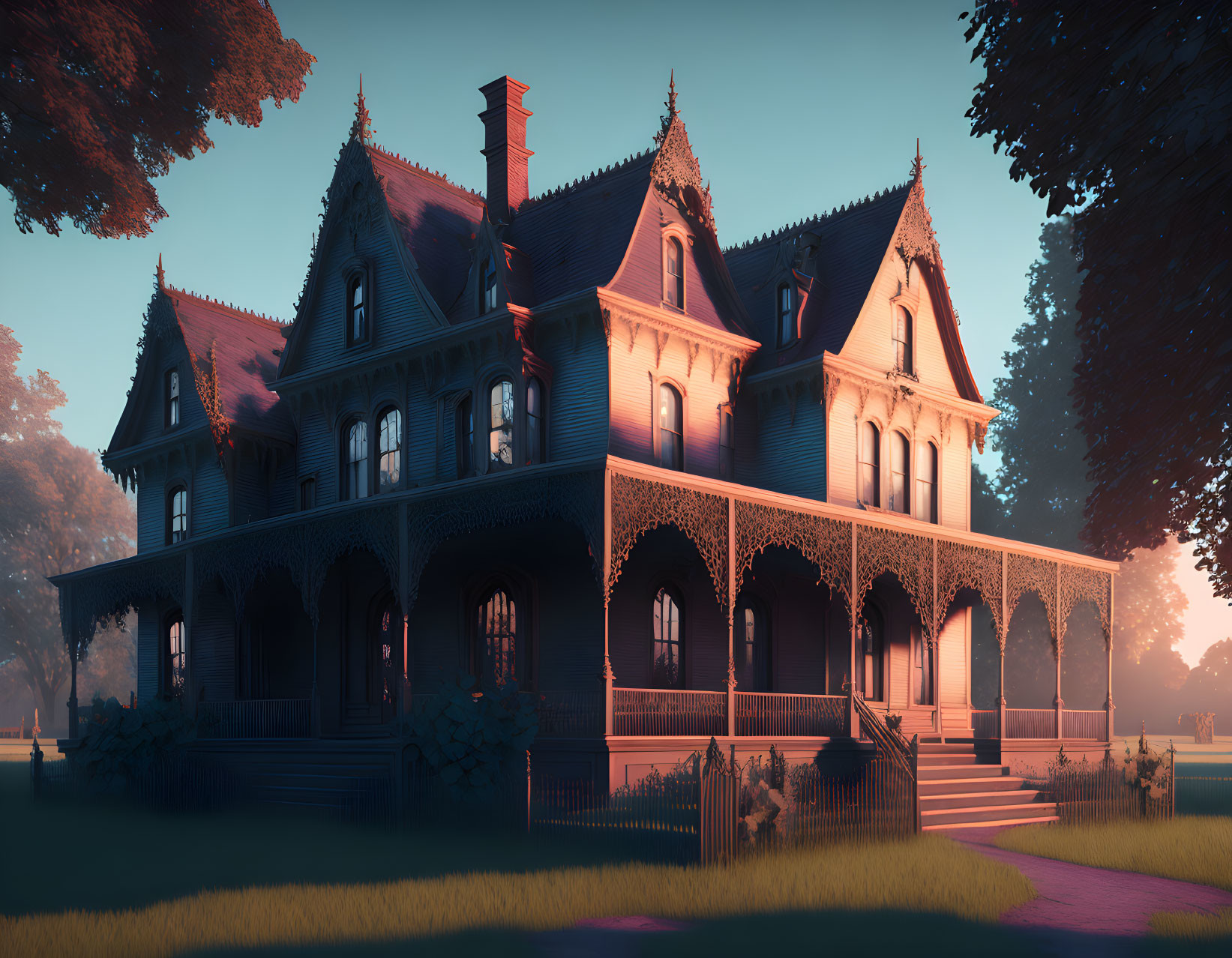 Victorian-style house with intricate woodwork and wraparound porch at dusk