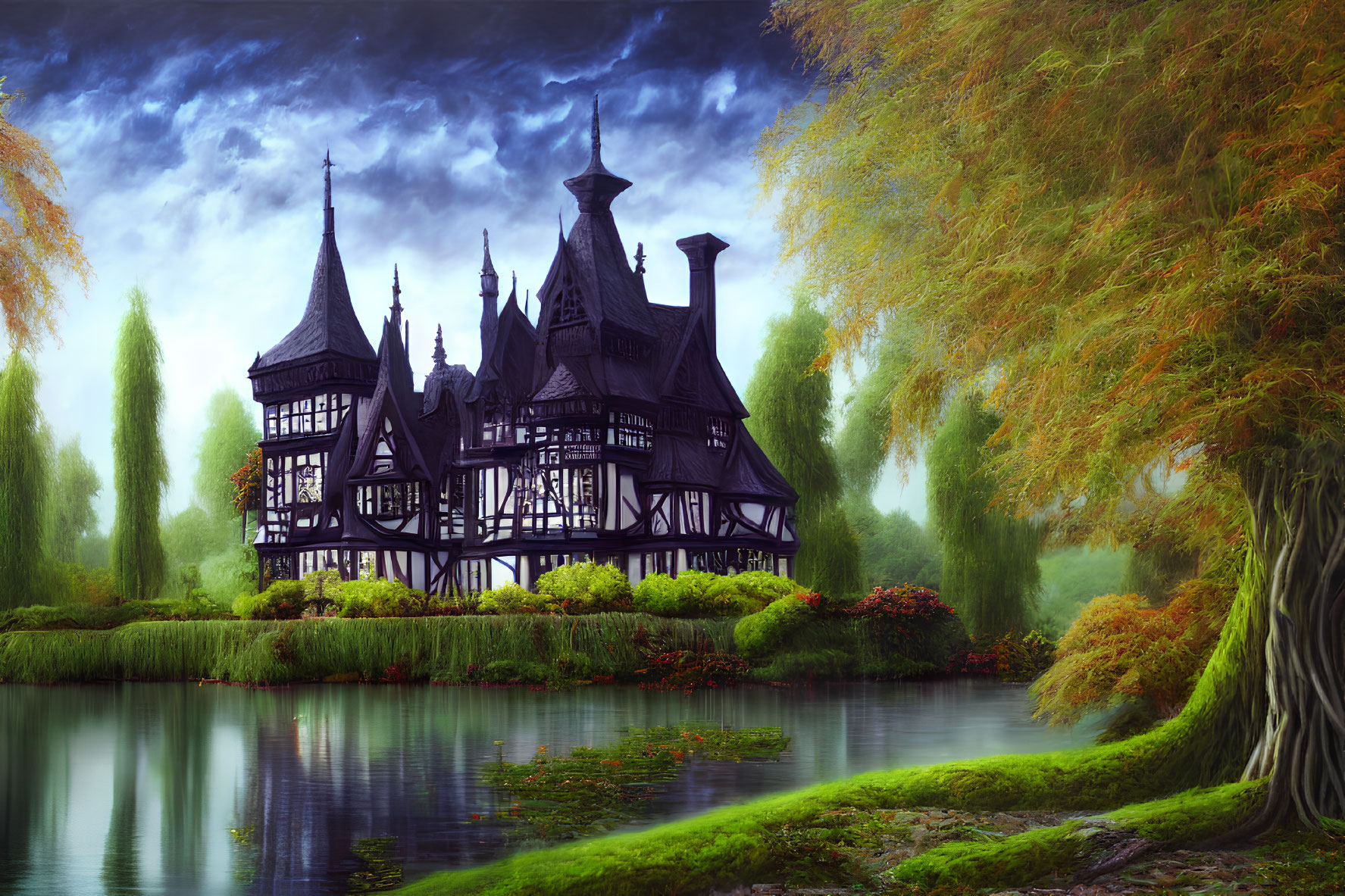 Ornate black house with spires near serene lake