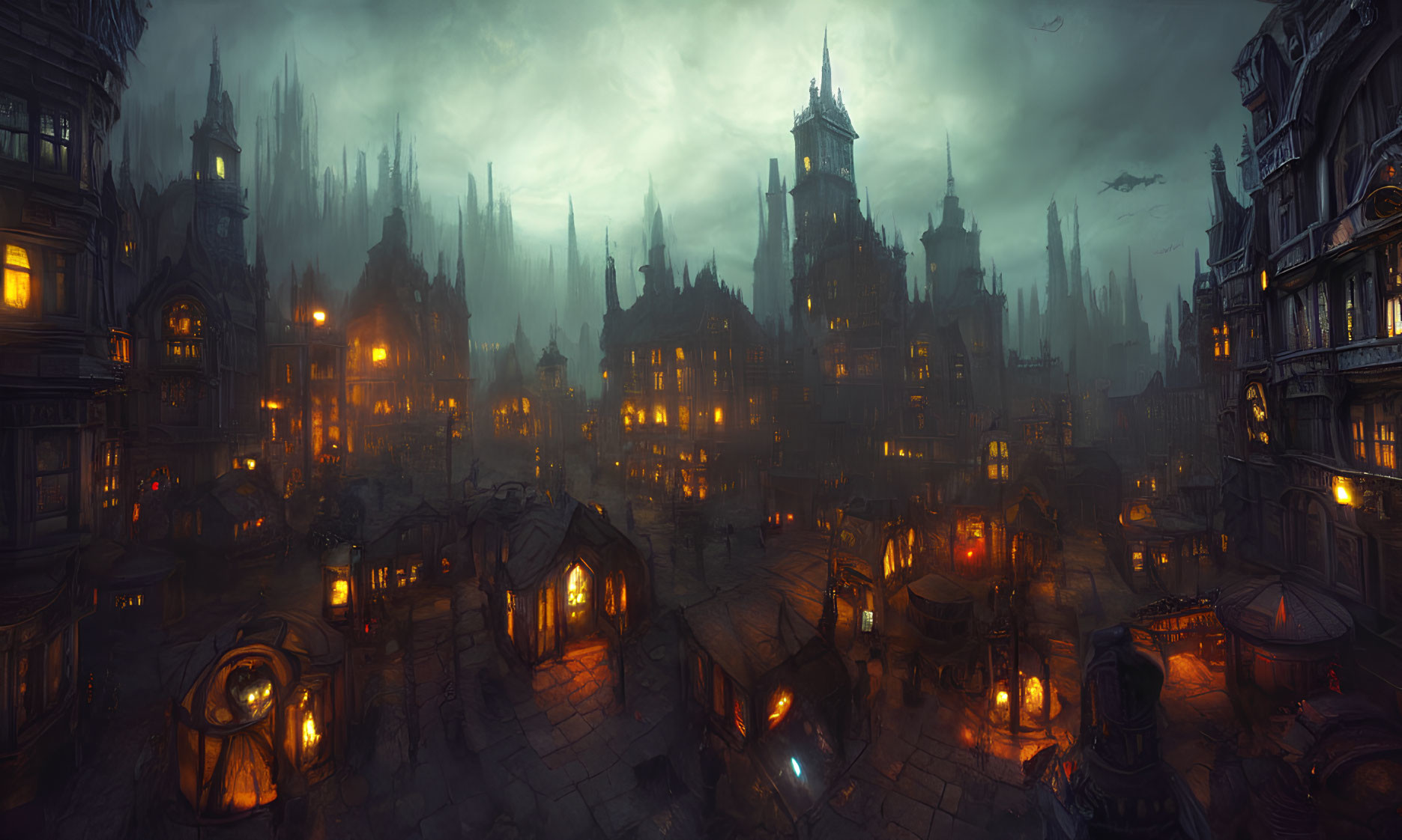 Gothic cityscape at dusk with illuminated buildings and spires under a cloudy sky