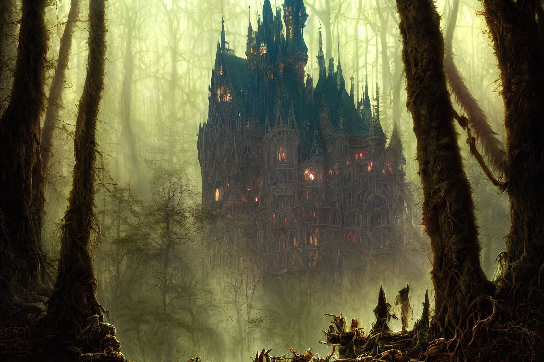 Eerie Gothic castle in misty ancient forest with glowing windows