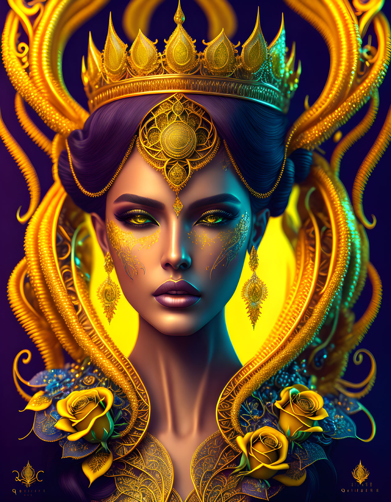 Digital art portrait of woman with purple hair, golden crown, jewelry, intricate designs, roses, on