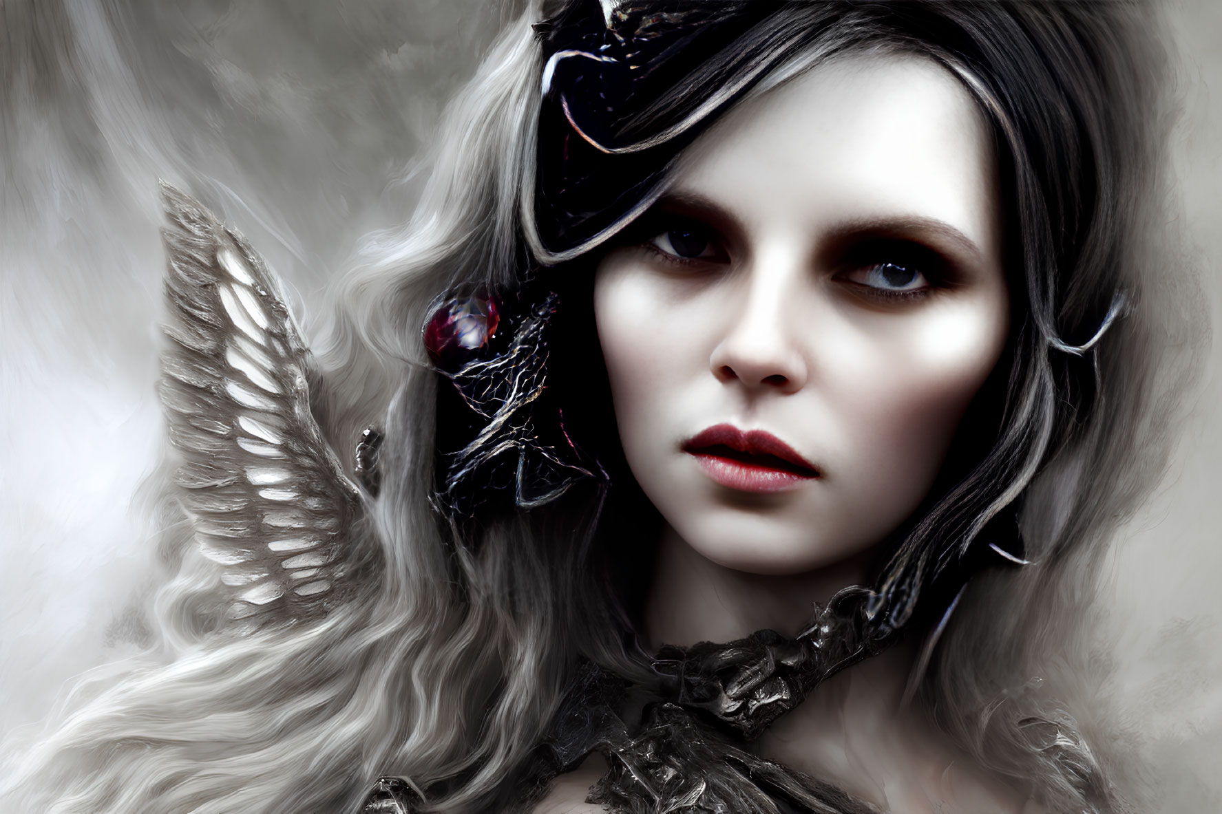 Fantasy portrait of a woman with angelic and demonic features and dark makeup