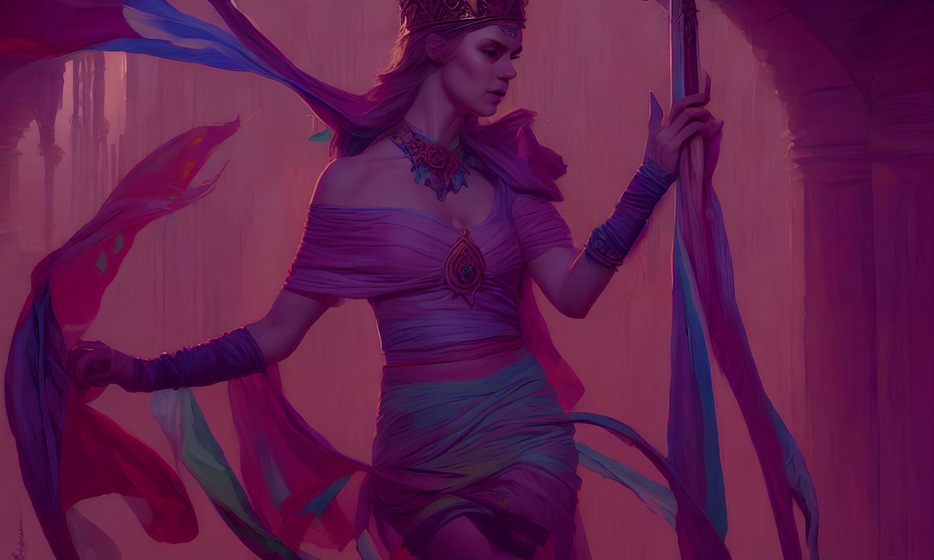 Regal woman in flowing dress and crown with staff in vibrant pink and purple hues