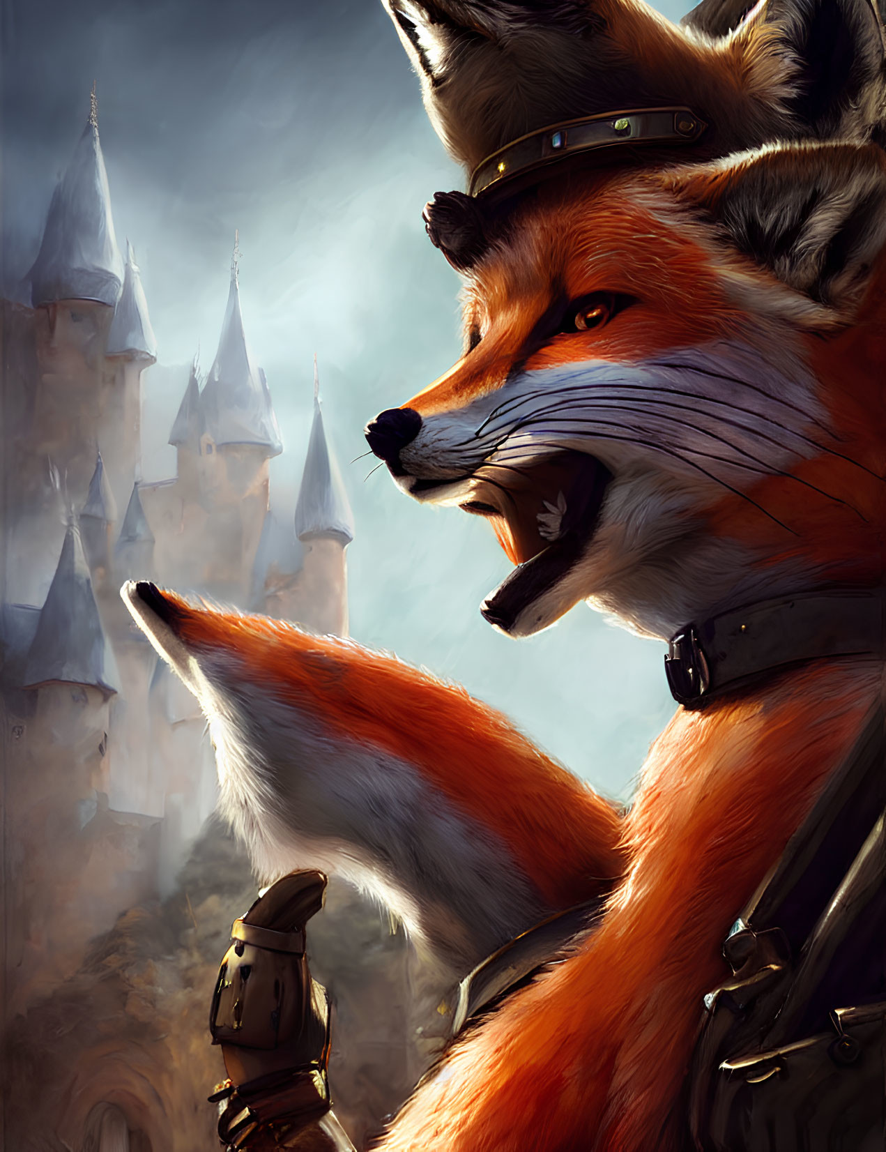 Anthropomorphic fox in military attire gesturing in front of castle under cloudy sky