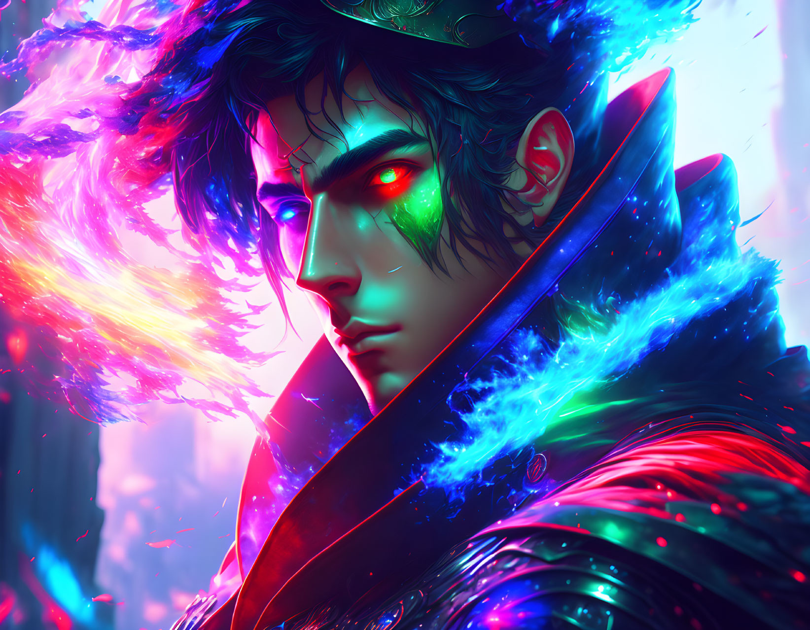Colorful digital artwork: man with glowing red eye and vibrant hair in neon setting
