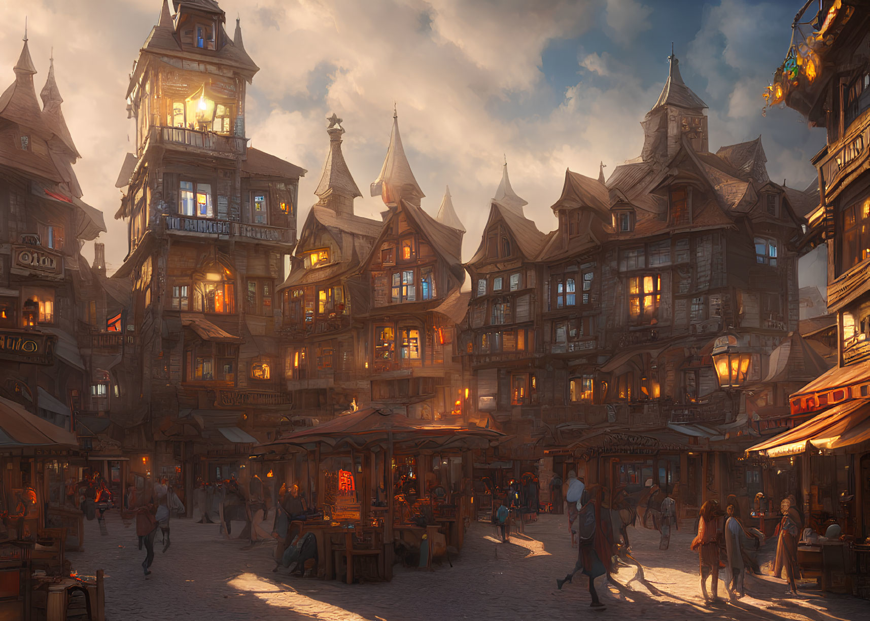 Medieval town at sunset: bustling streets, timber-framed houses, glowing lanterns, period attire