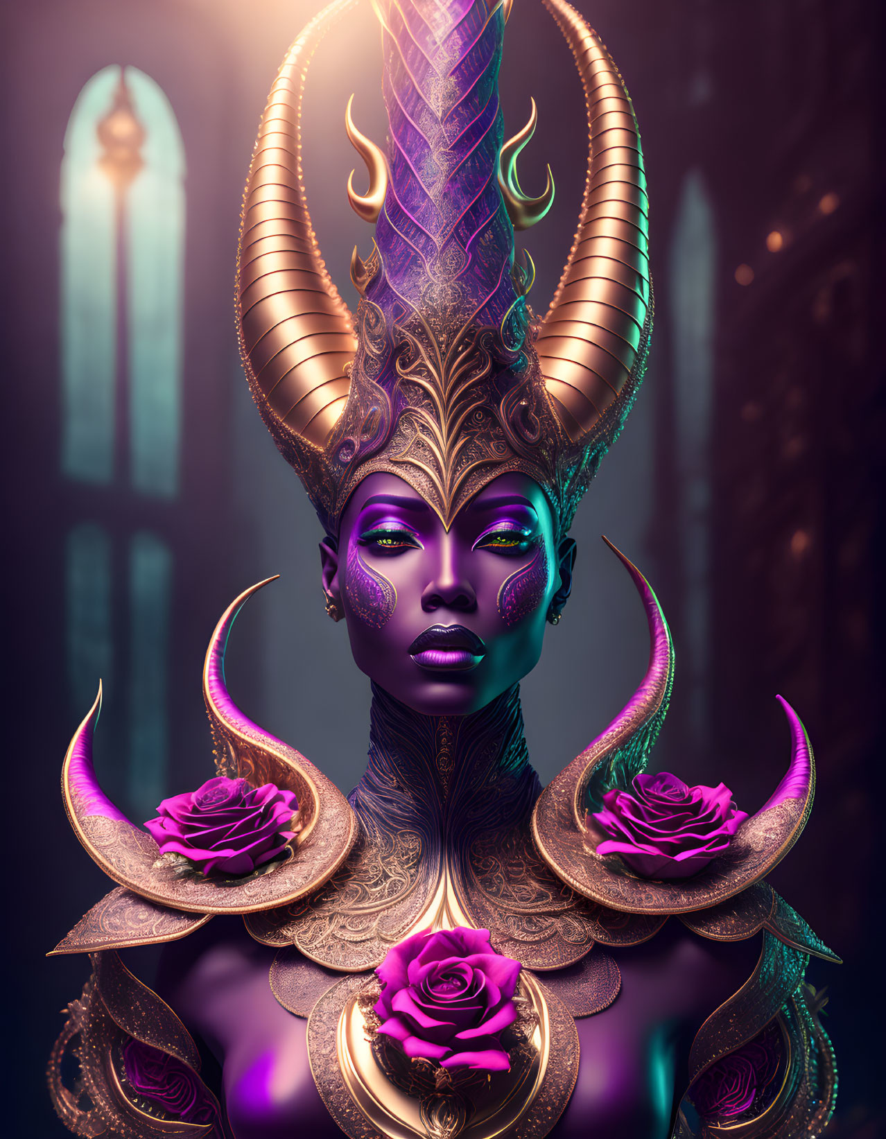 Fantasy illustration of female figure with purple skin and golden headdress adorned with magenta roses