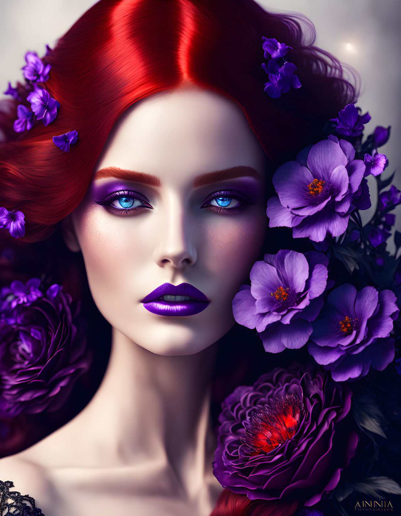 Portrait of a woman with red hair, purple flowers, blue eyes, and purple lipstick