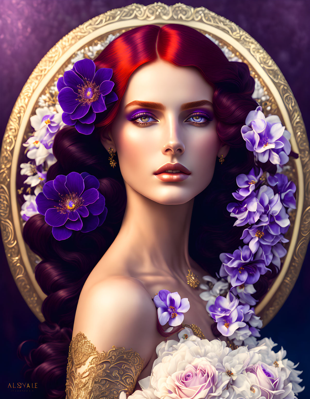 Portrait of woman with red hair, violet eyes, and flowers in ornate mirror on purple backdrop