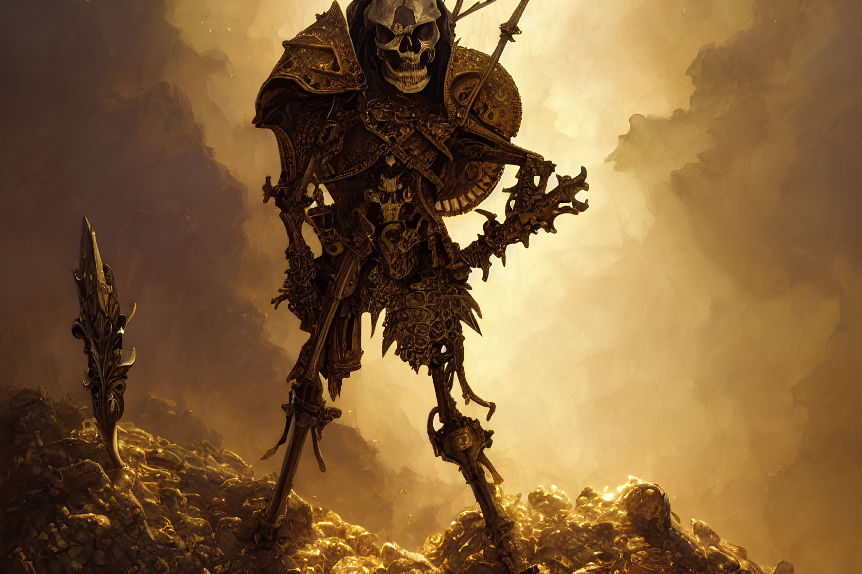 Skeleton Warrior in Ornate Armor with Staff on Gold Pile in Golden Sky