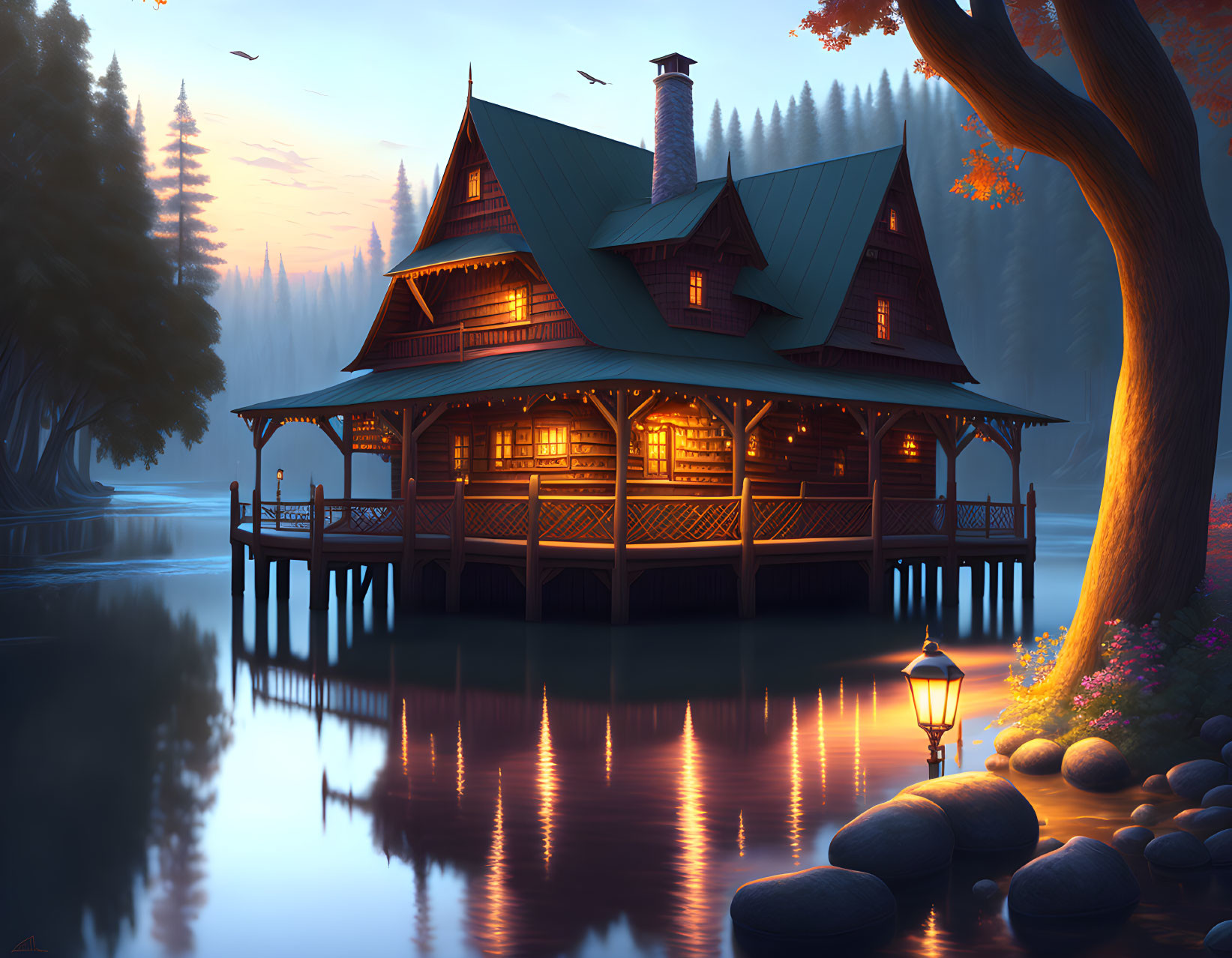 Tranquil lakeside house at dusk with glowing windows and lantern