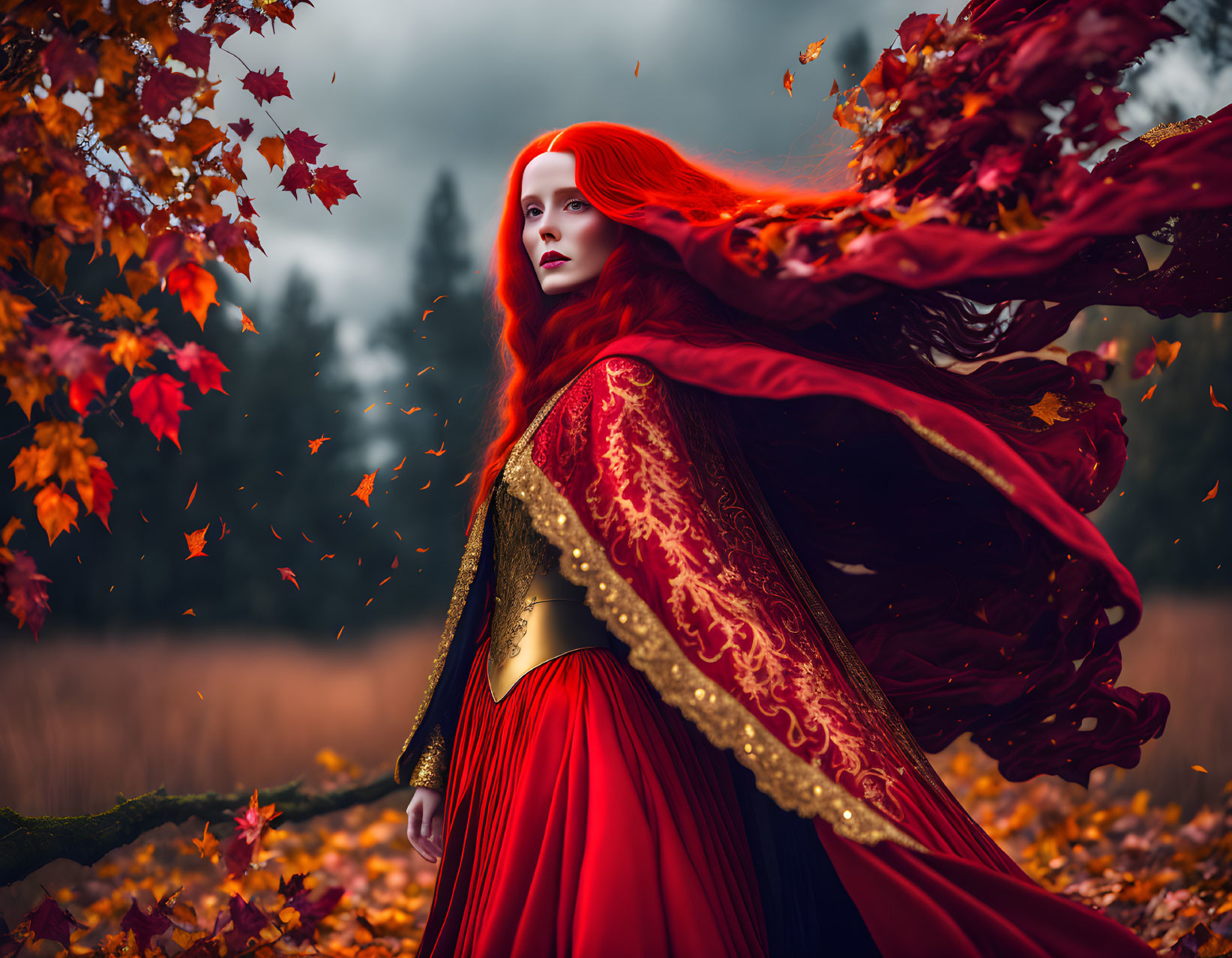 Vibrant Red-Haired Woman in Crimson Cape and Dress Among Autumn Leaves