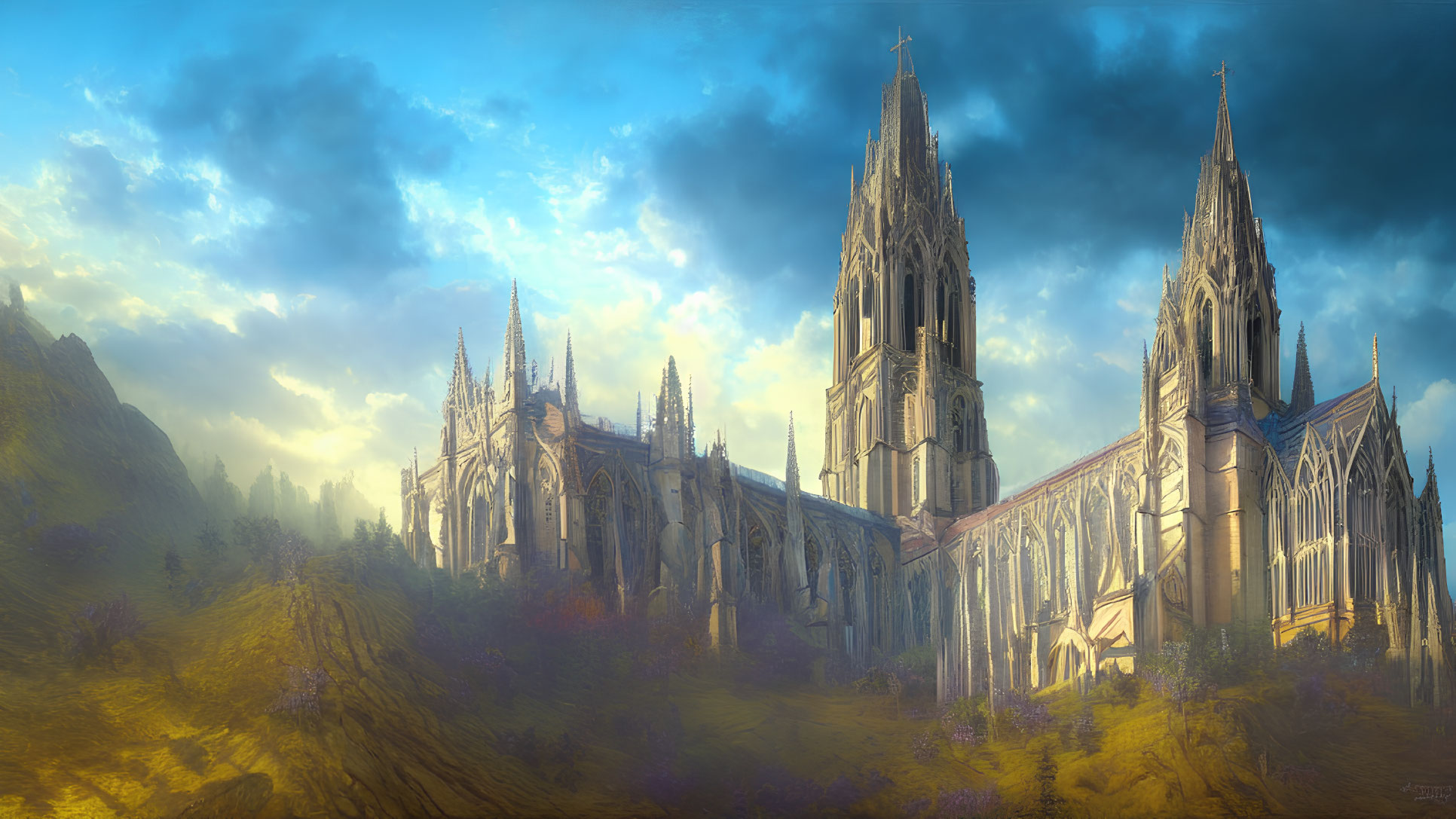 Gothic cathedral with spires and arches in golden sunset light