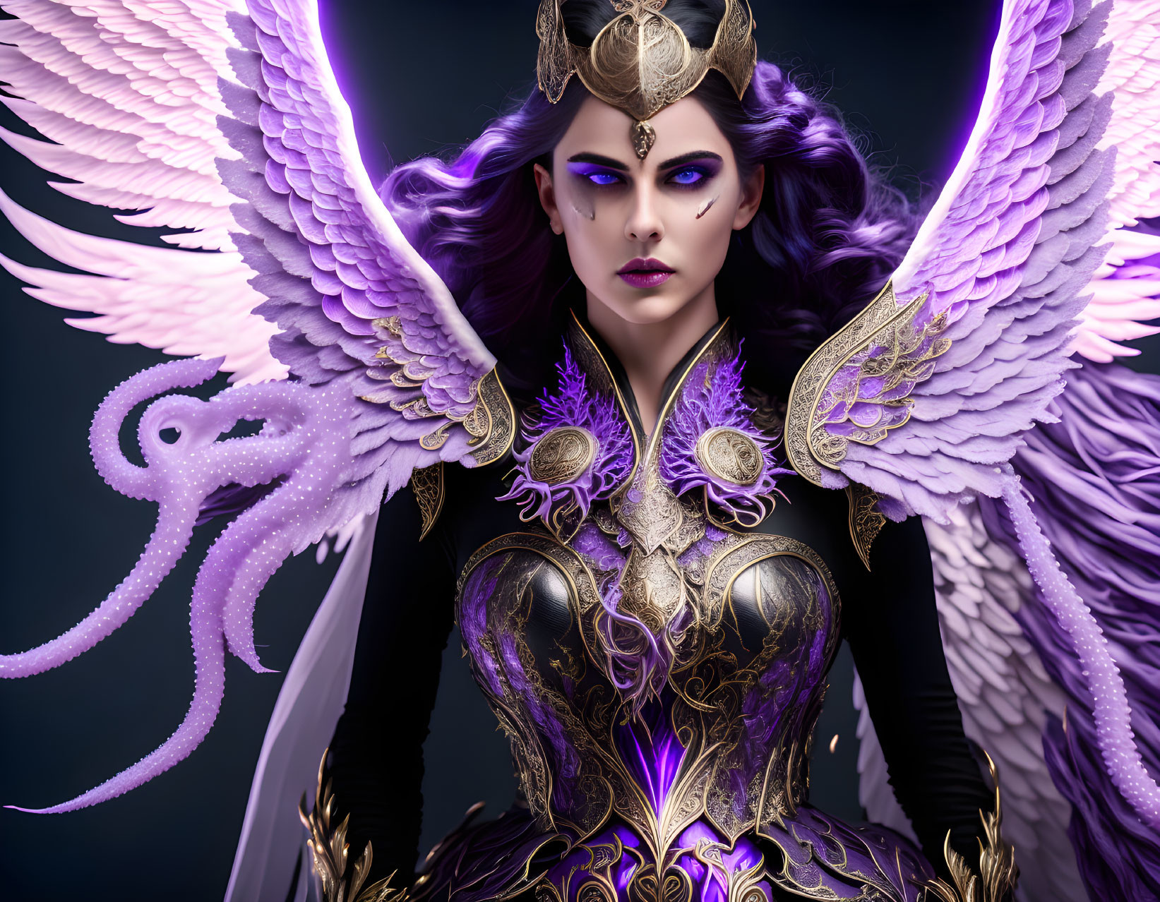 Majestic female figure in golden armor with purple wings and tentacled creature