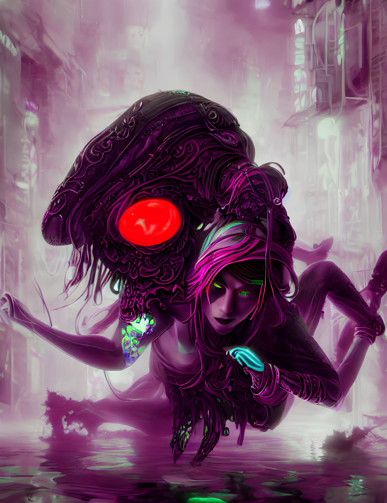 Mystic female figure with neon accents and elaborate headgear in cyberpunk cityscape.