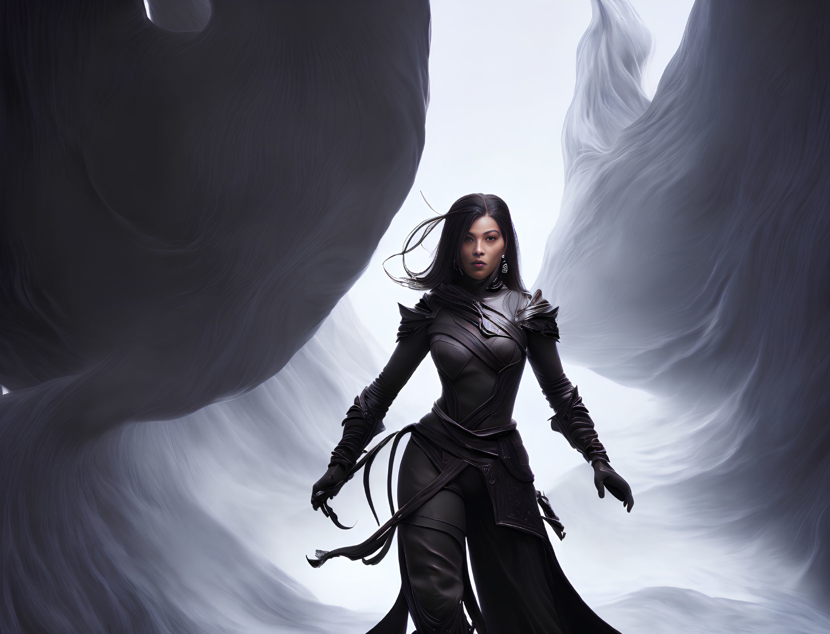 Digital artwork of woman in dark leather armor with ethereal figures in misty background