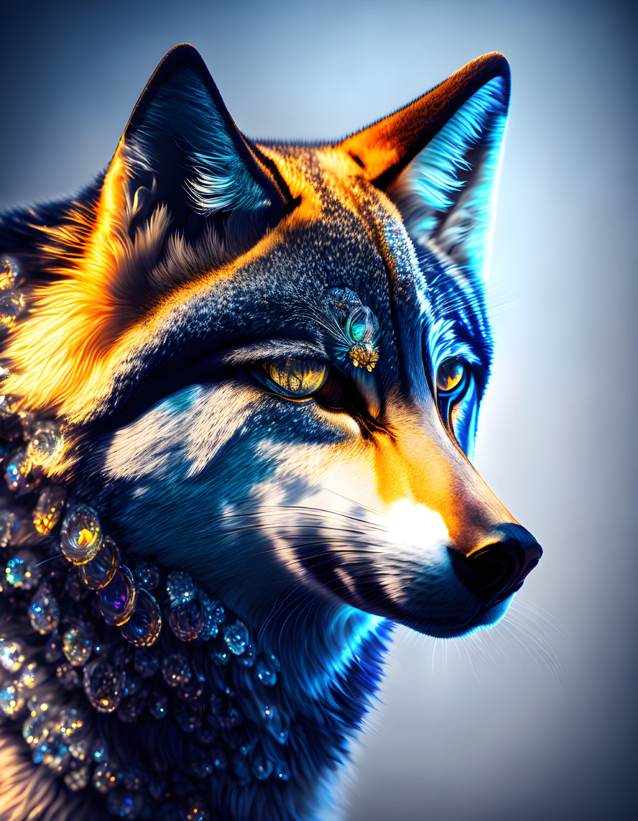 Colorful digital artwork: Fox head with jeweled adornments