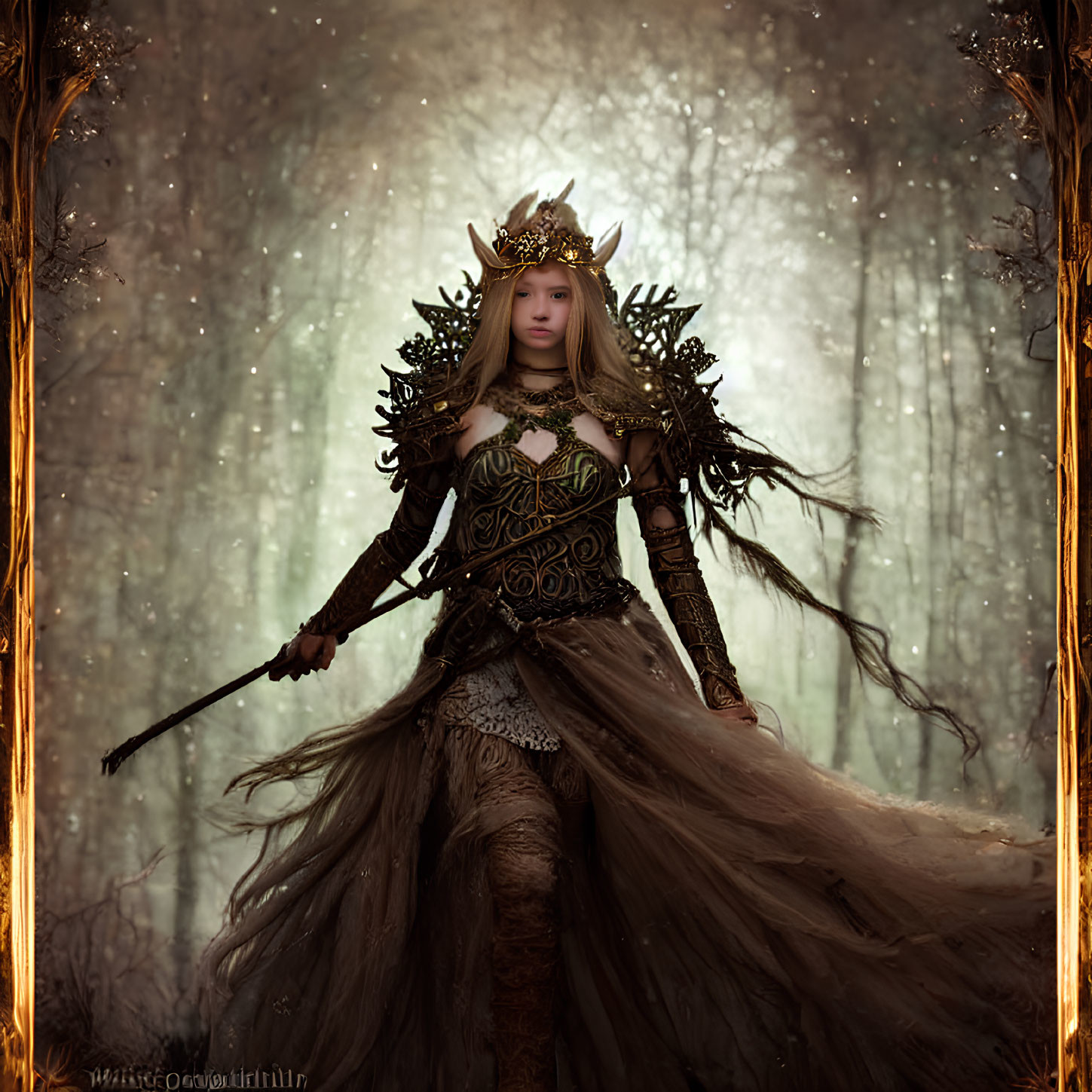 Elaborate fantasy armor with crown, breastplate, staff in mystical forest portrait