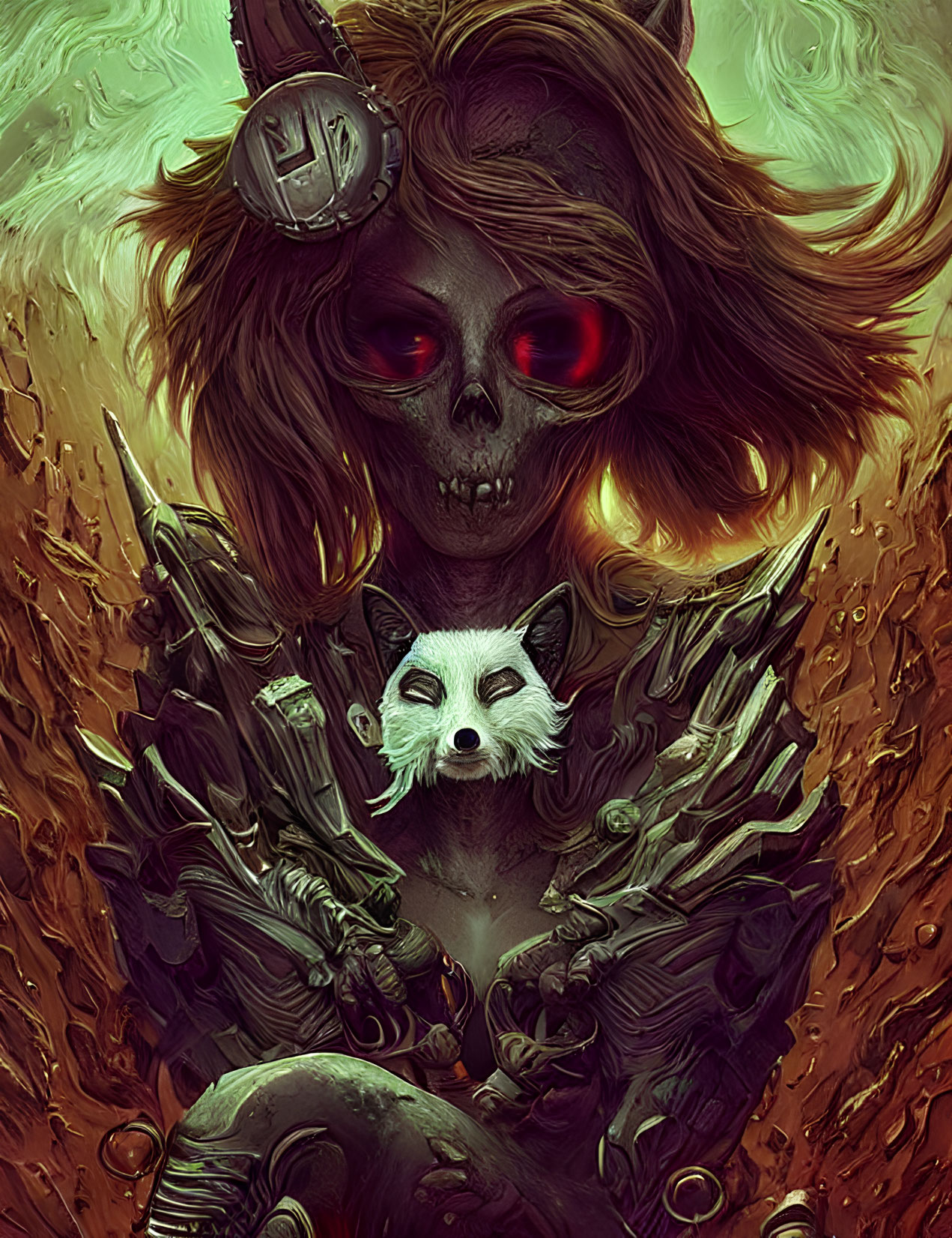 Skeletal figure with red eyes holding fox in fiery backdrop