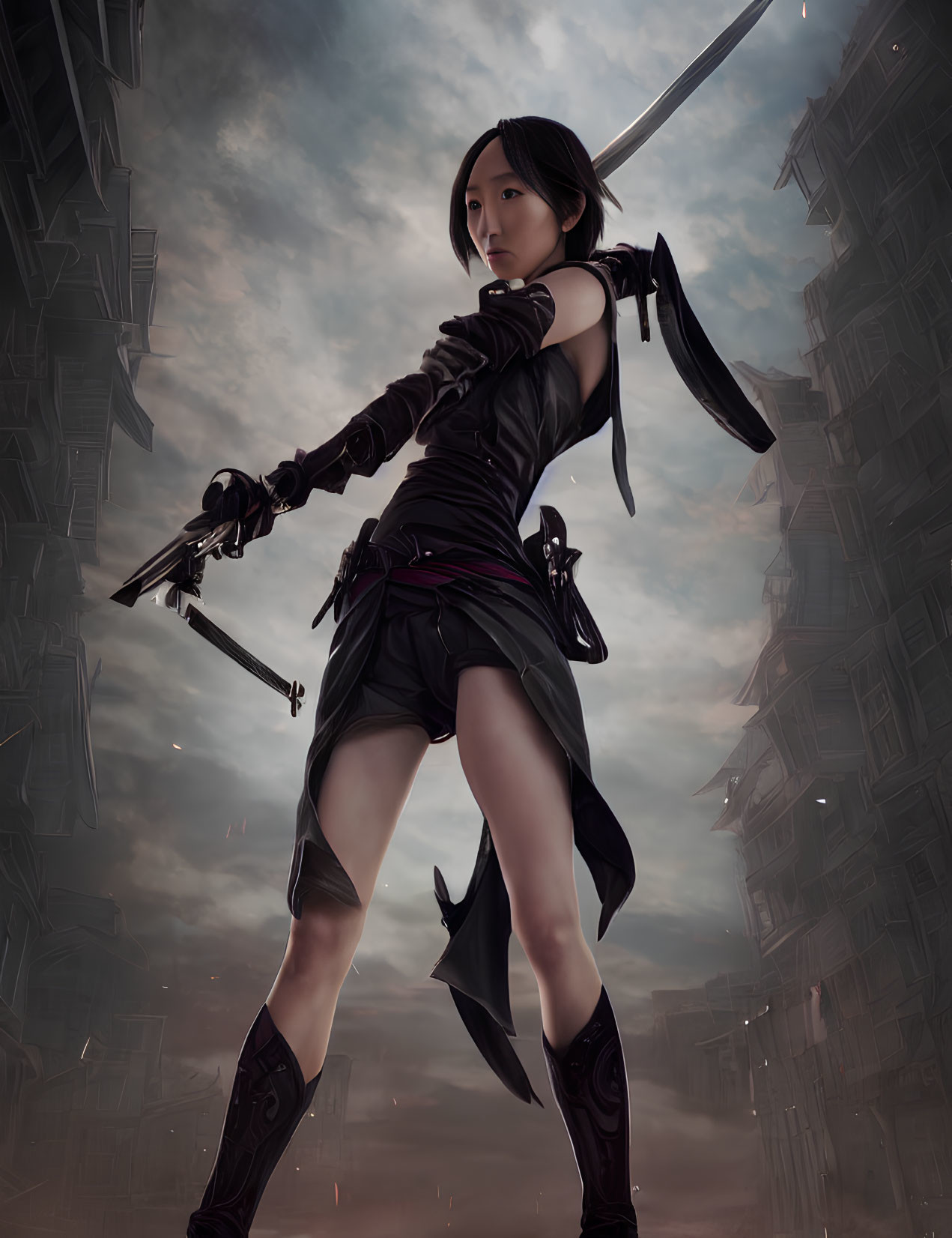 Female warrior in black with sword in dystopian cityscape