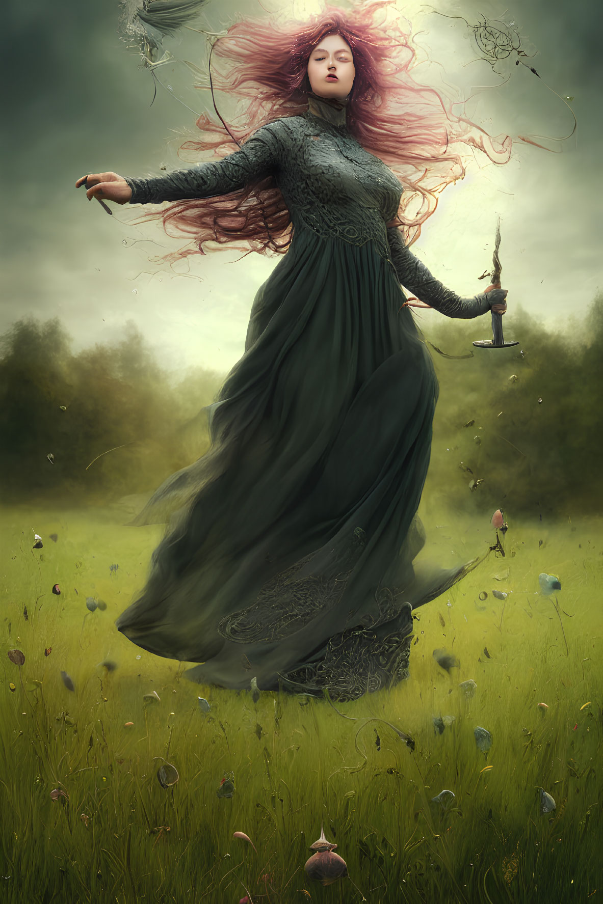 Red-haired woman in green dress wields sword in mystical field with stormy sky & floating petals.