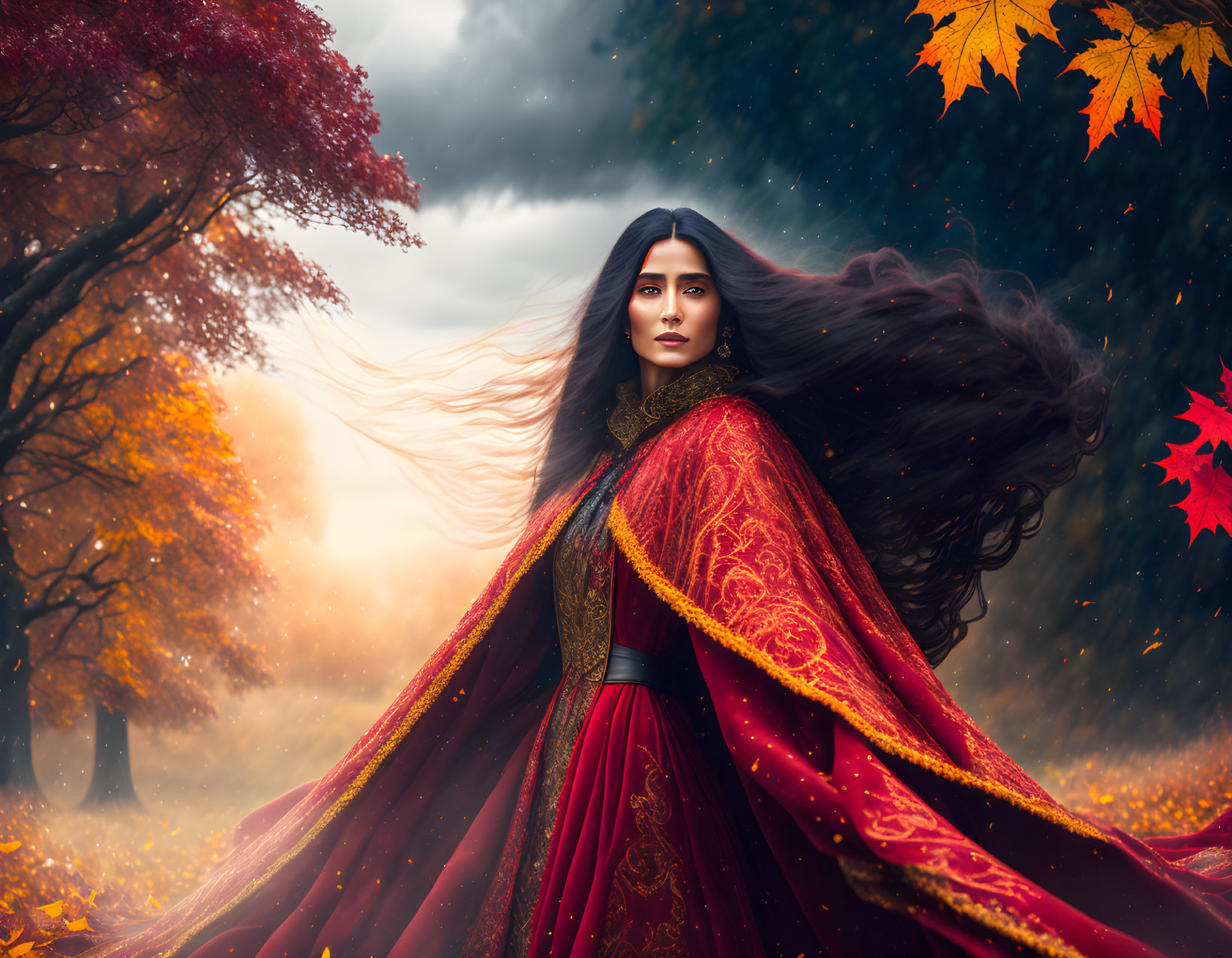 Woman in red cloak in vibrant autumn forest with flowing hair.