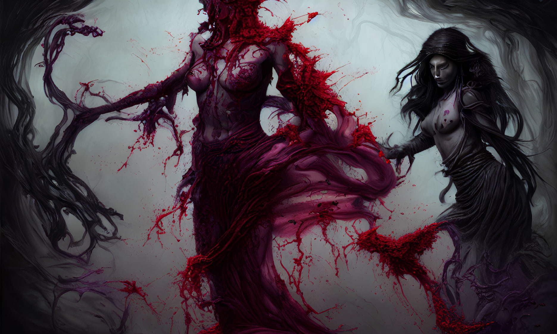 Dark Fantasy Scene: Female Figure with Swirling Dark and Red Tendrils