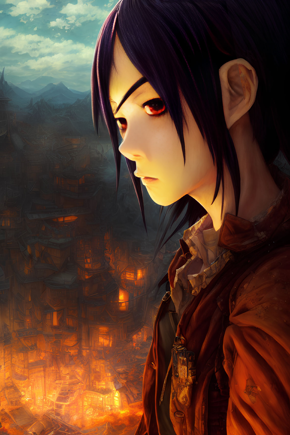 Purple-haired character with red eyes in front of dystopian cityscape at dusk