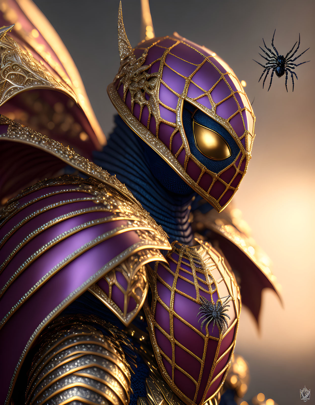 Character in Purple & Gold Spider Armor with Dramatic Backlight