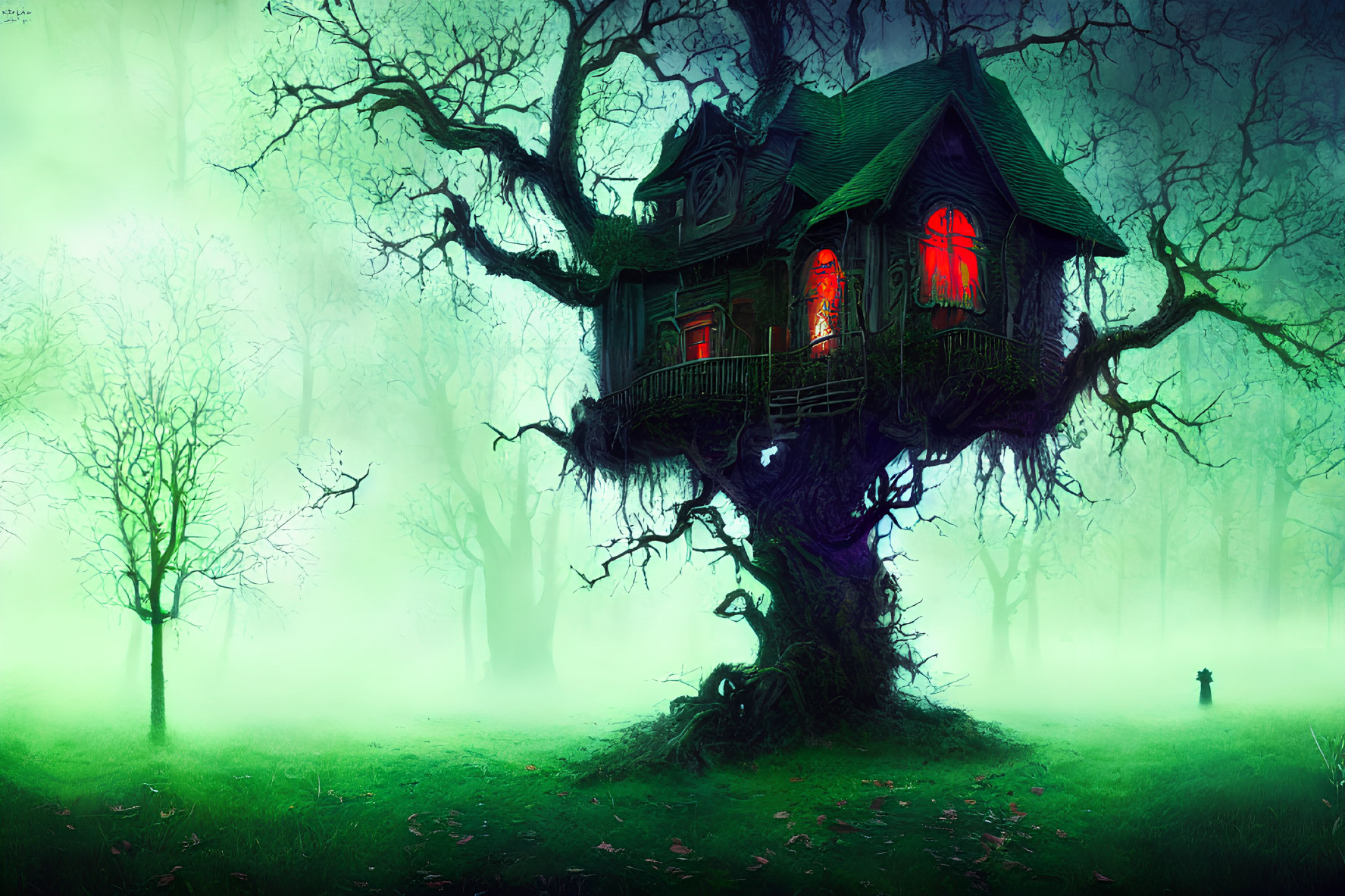 Eerie illuminated treehouse in mystical forest at dusk