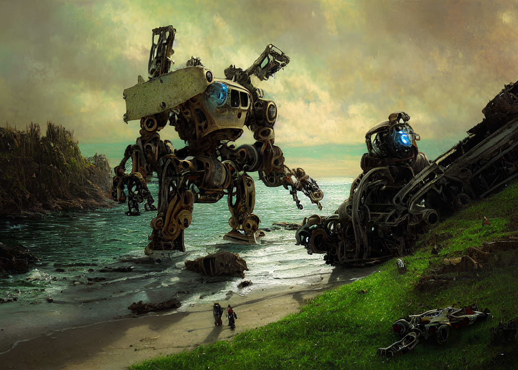 Intricate large robot with glowing blue elements next to wrecked counterpart on rugged beach at sunset.