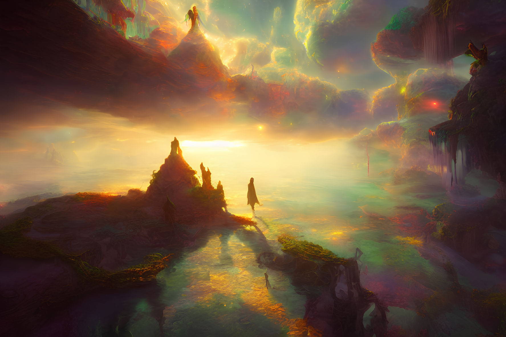 Fantastical landscape with cloaked figure, floating islands, and waterfalls