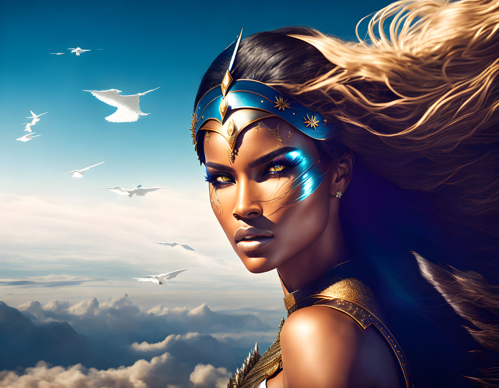 Blonde warrior woman in golden armor with sky background