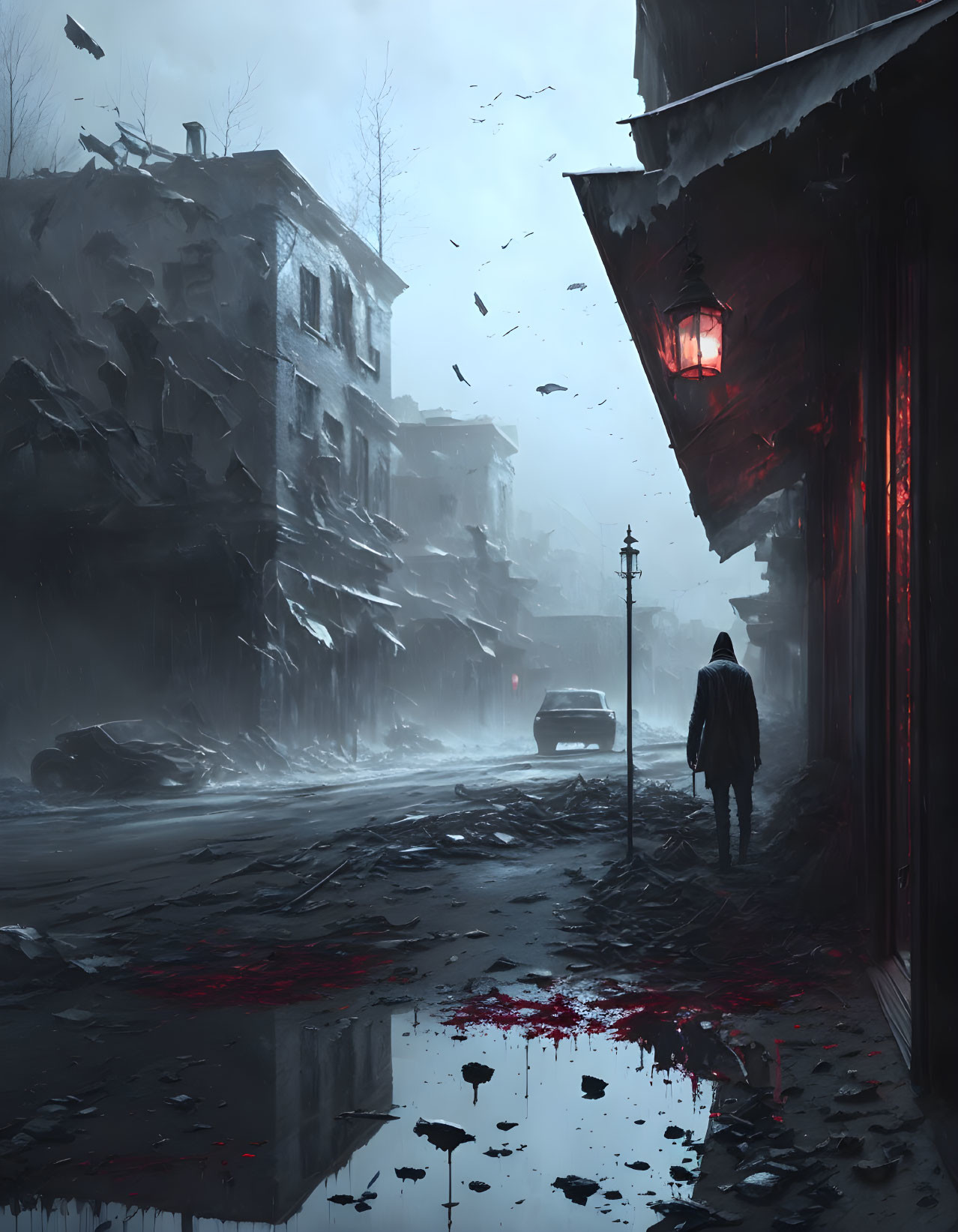 Desolate post-apocalyptic street scene with solitary figure