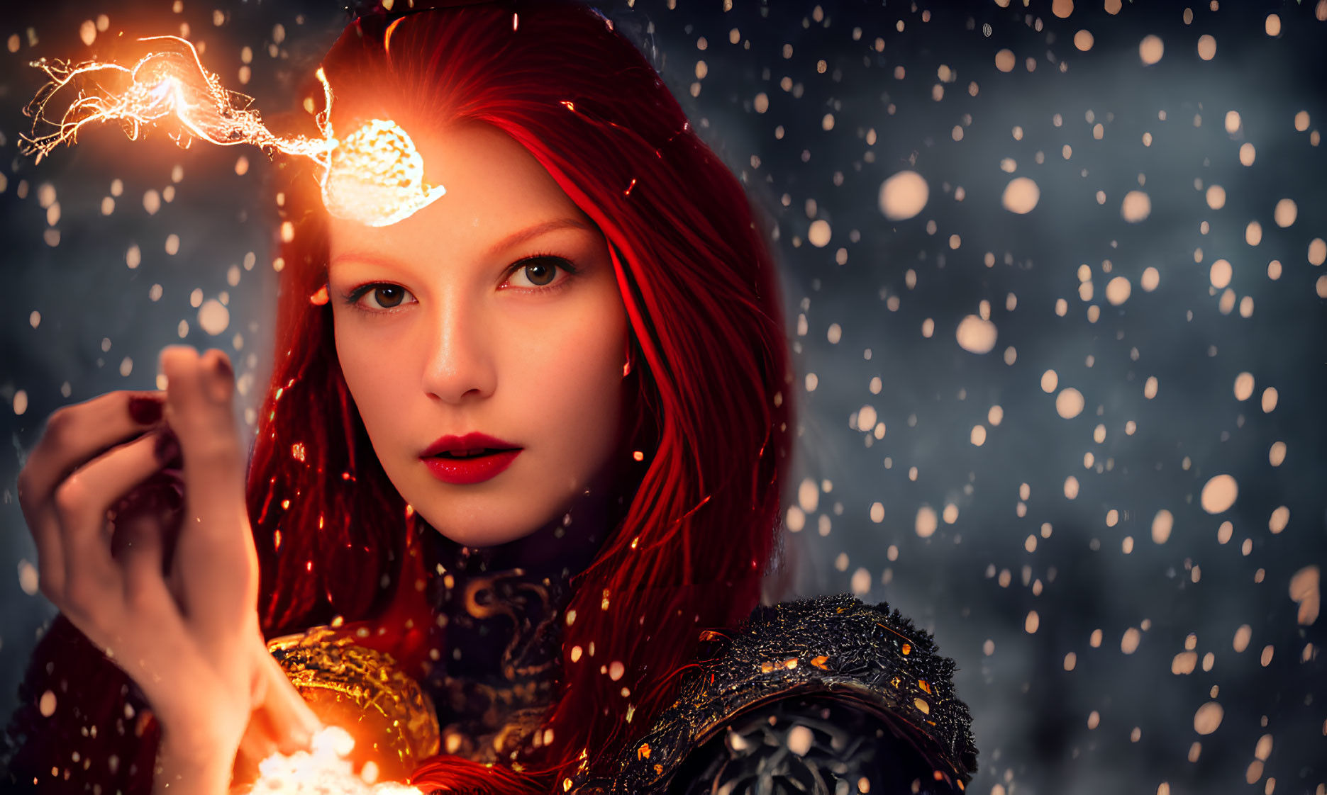 Red-haired woman in elaborate attire conjures glowing bird in snowy scene