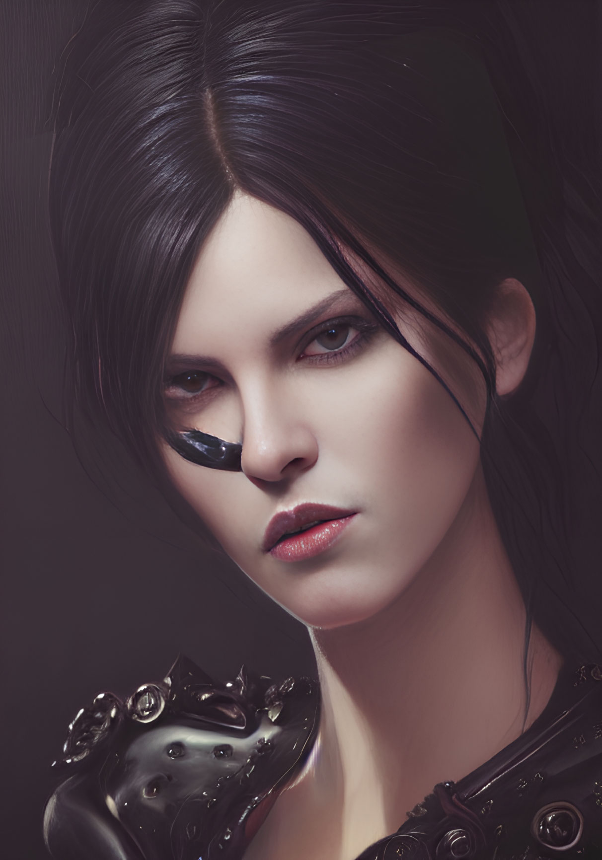 Dark-haired woman in black armor with intense gaze and dark lipstick