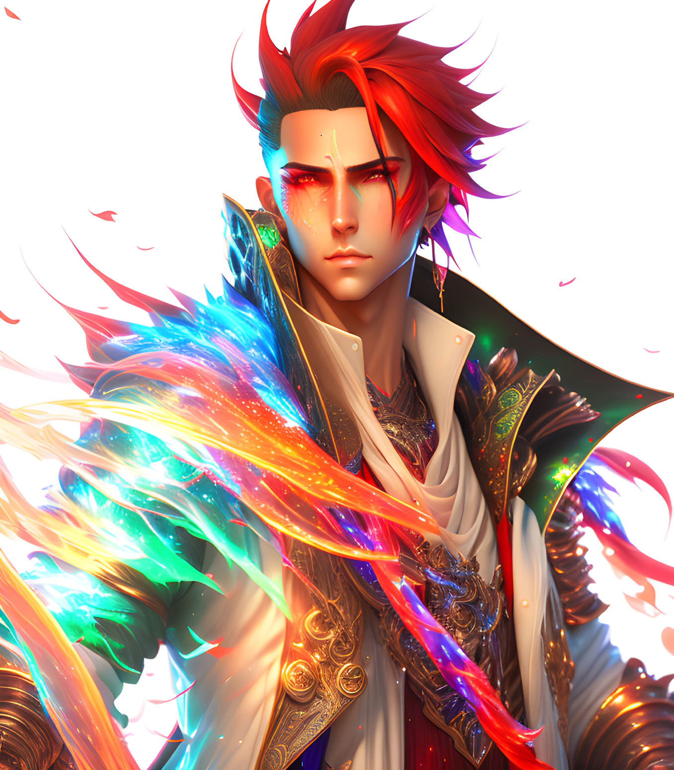 Vibrant digital artwork: character with fiery red hair and ornate jacket