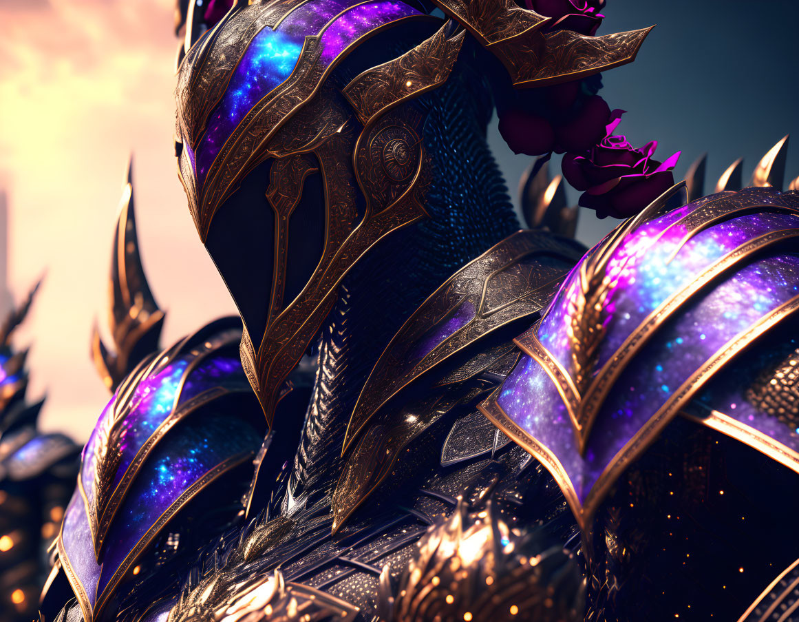 Fantasy-style armor with cosmic purple and blue hues and gold trim.