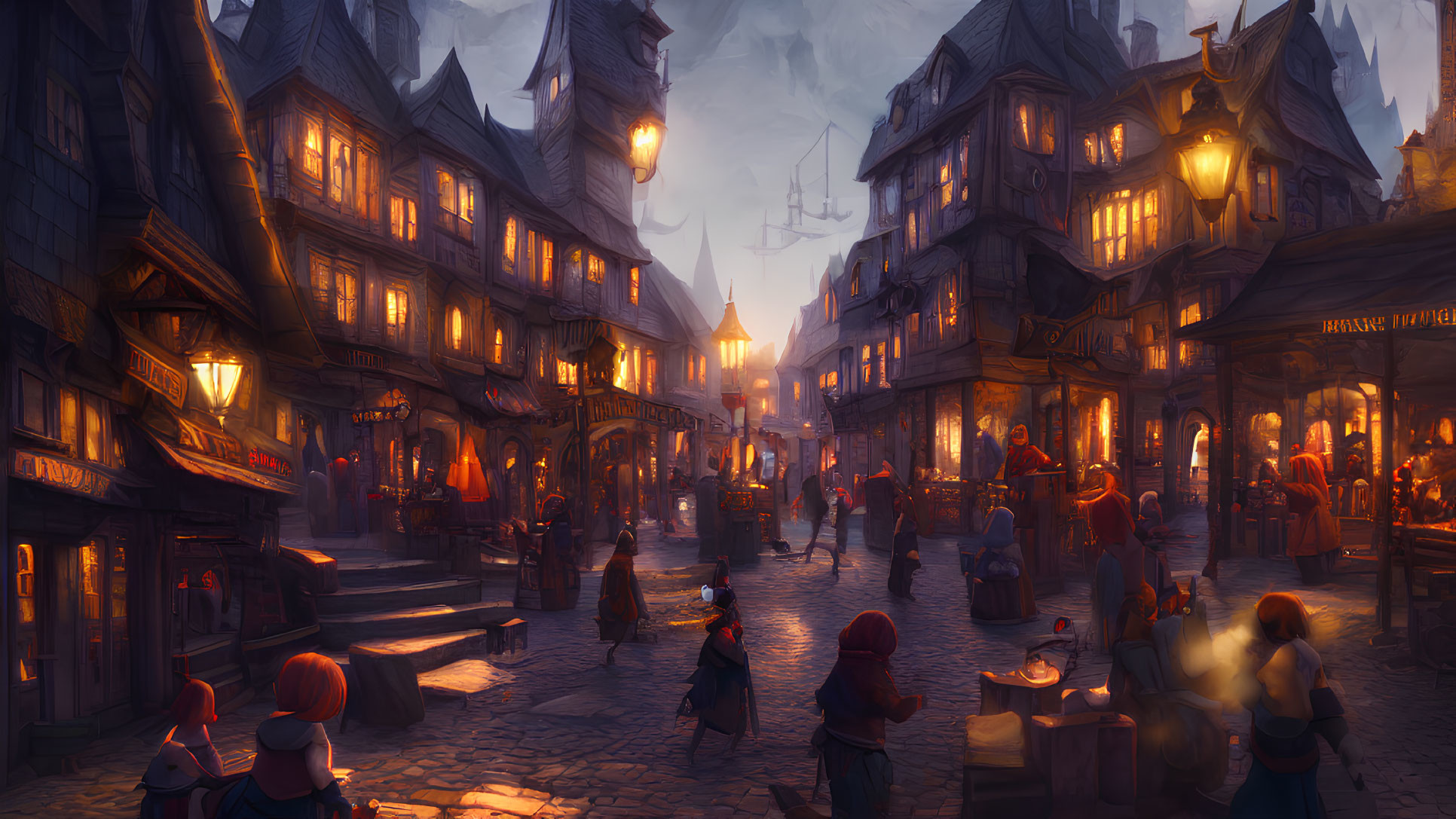 Medieval Street at Dusk with Lantern Light and Shops Advertising