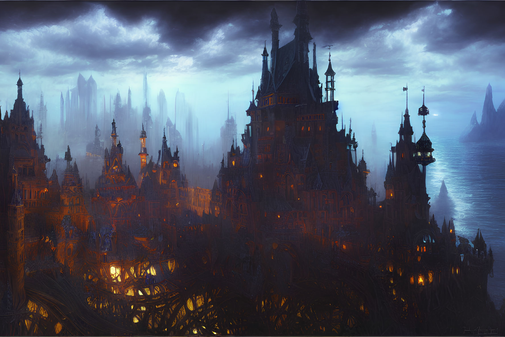 Gothic castle with spires by misty sea at night.