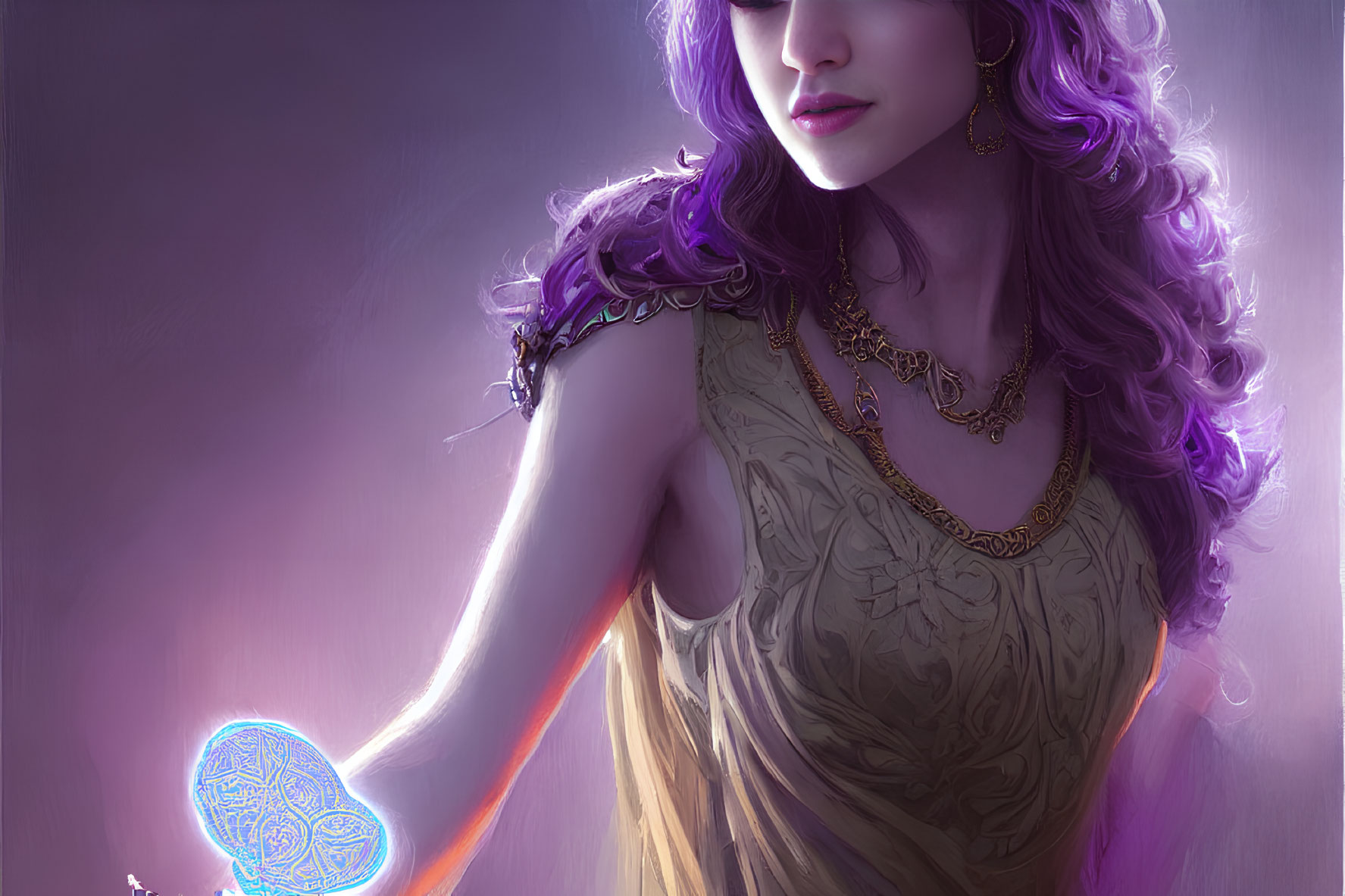 Mystical woman with purple hair and golden jewelry holding a glowing blue orb