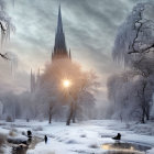 Snow-covered winter landscape with frozen river, people walking, and cathedral silhouette at sunrise or sunset.