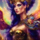 Fantastical female figure with violet hair and ornate golden armor and headpiece.