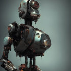 Detailed humanoid robot with camera lens head and mechanical limbs on gray background