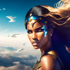 Blonde warrior woman in golden armor with sky background