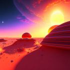 Dual Sunset Over Red Rock Formations in Sci-Fi Landscape